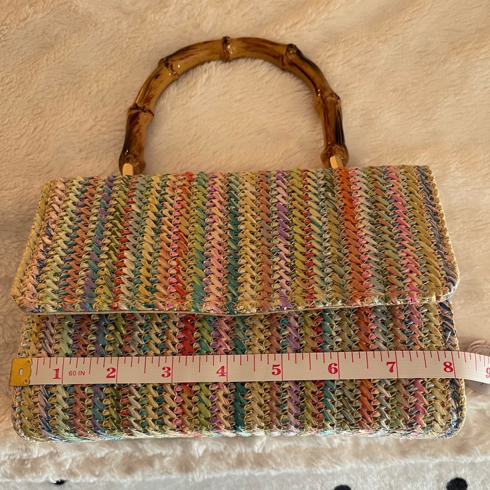 Woven Multicolor Straw Top-Handle Bag with Bamboo Handle - Picture 5 of 7